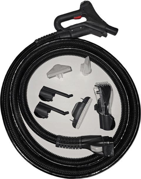 Vacuum upholstery kit including hose and multiuse attachments, used with a steam machine