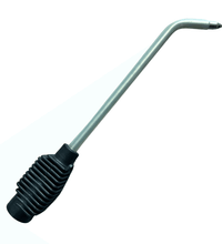 Nozzle used with a steam machine with a black ribbed handle and metallic pipe, angled tip