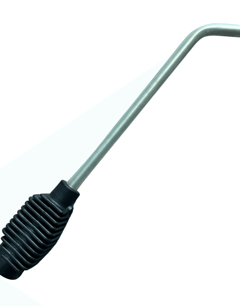 Nozzle used with a steam machine with a black ribbed handle and metallic pipe, angled tip