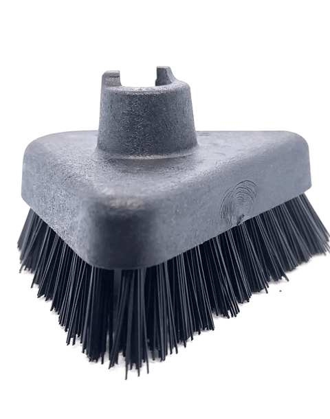 Triangular black cleaning brush head with sturdy bristles for deep cleaning surfaces using a steam machine.