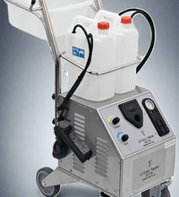 Commercial Steam Tech Machine 200 PSI with accessories on a gray and blue backdrop for industrial and healthcare cleaning solutions.