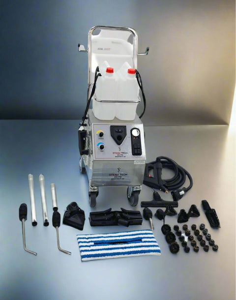 Commercial steam machine 200psi with accessories in a gray and blue backdrop, ideal for industrial and healthcare cleaning.