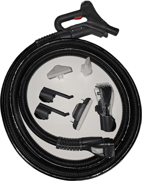 Vacuum upholstery kit including hose and multiuse attachments, used with a steam machine 